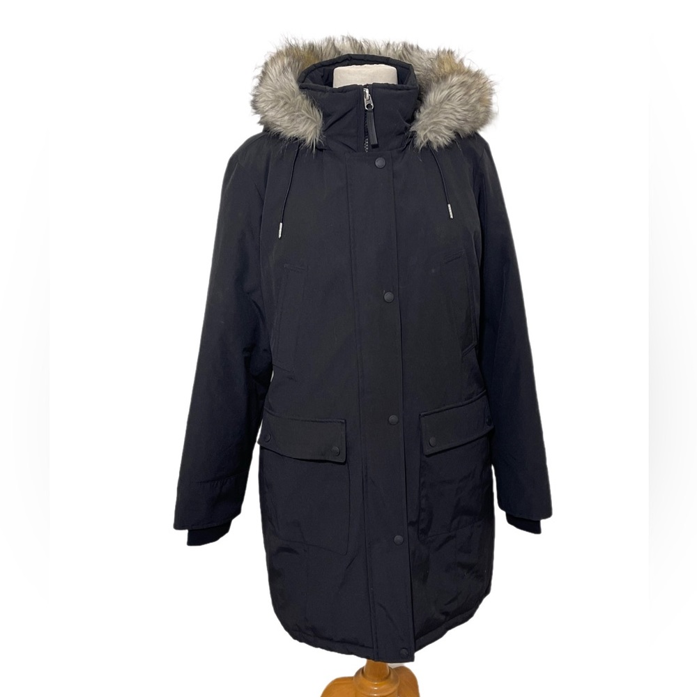 Andrew Marc 3/4 length black down jacket with fur hood Sz M